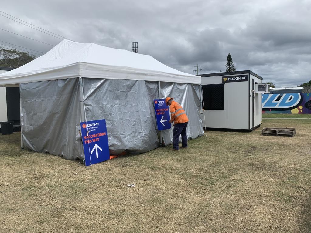 The truckie vaccination hub being set up at Tugun. Picture: Greg Stolz