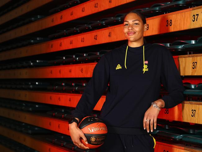 MELBOURNE, AUSTRALIA - JULY 01: Liz Cambage of the Opals poses during a Basketball Australia media opportunity with the Australian Opals at Melbourne Sports and Aquatic Centre on July 01, 2020 in Melbourne, Australia. (Photo by Robert Cianflone/Getty Images)