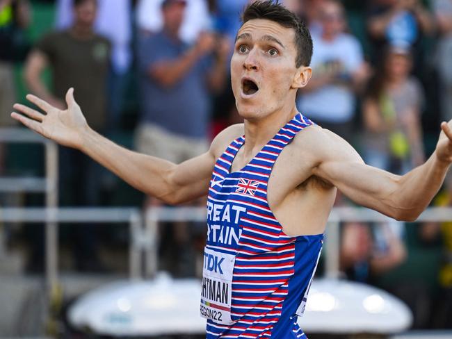 Britain's Jake Wightman reacts after winning the men's 1500m final.