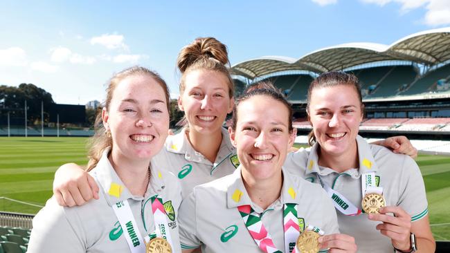 South Australian Commonwealth Games teammates (L-R) Amanda-Jade Wellington, Darcie Brown, Megan Schutt and Tahlia McGrath at Adelaide Oval. Picture: NCA NewsWire / Kelly Barnes