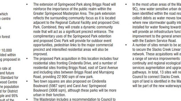 An excerpt from the 2009 Greater Springwood Master Plan which shows the plans to buy four residential sites on Cinderella Dve,