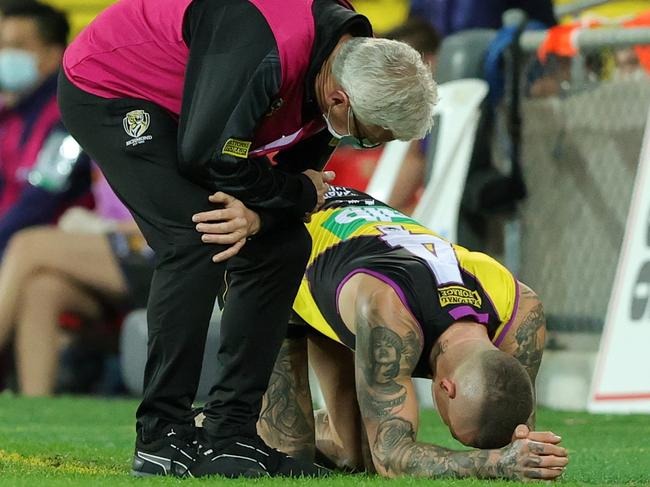 Martin was in agony after his collision. (Photo by Russell Freeman/AFL Photos via Getty Images)