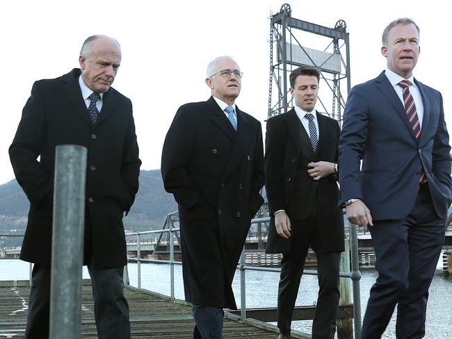 Senator Eric Abetz, left, Malcolm Turnbull, Senator Jonathon Duniam and Premier Will Hodgman at an announcement for funding for the Bridgewater Bridge in June. Picture: SAM ROSEWARNE