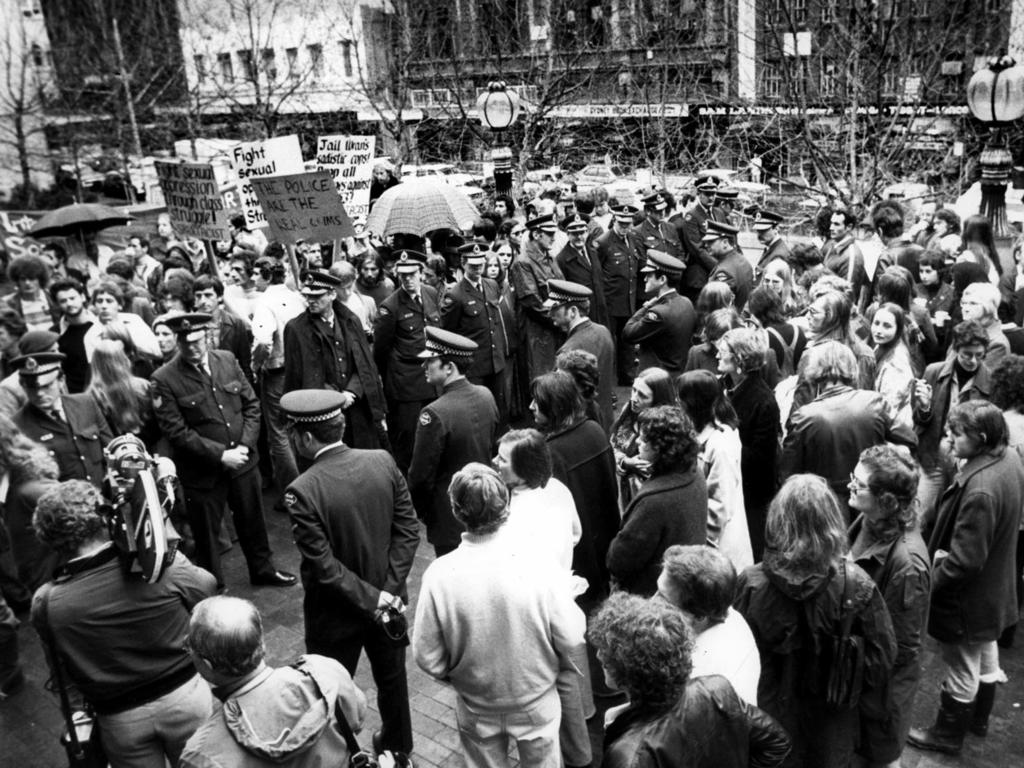 Police disperse amongst a gay rights protest outside Central Court in Sydney in 1978. Picture: Supplied