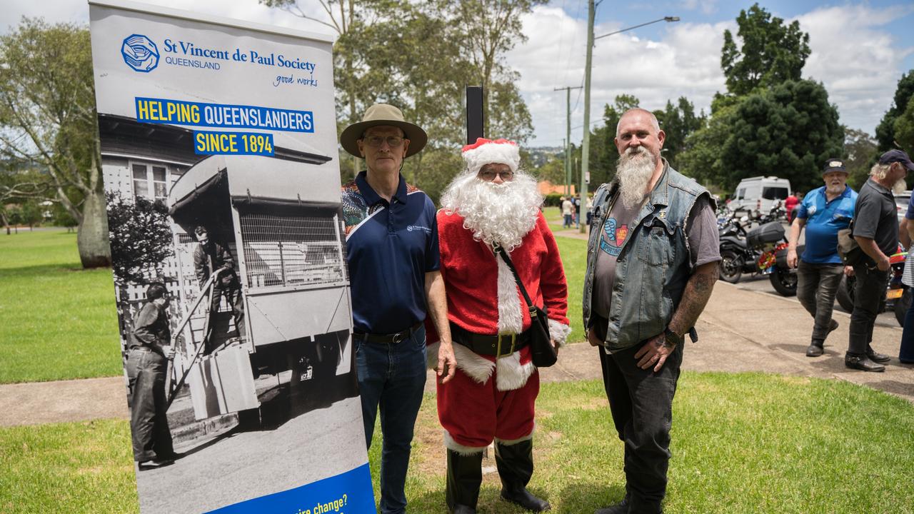 David Harpham, Martin Davis and JJ Rodgers at the Downs Motorcycle Sport Club 2024 toy run. Sunday, December 15, 2024. Picture: Christine Schindler