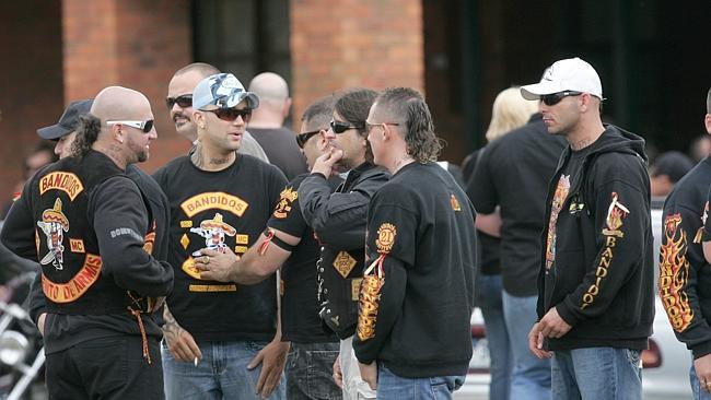  Club members gather at the funeral of murdered Bandidos bikie Ross Brand in Geelong. 