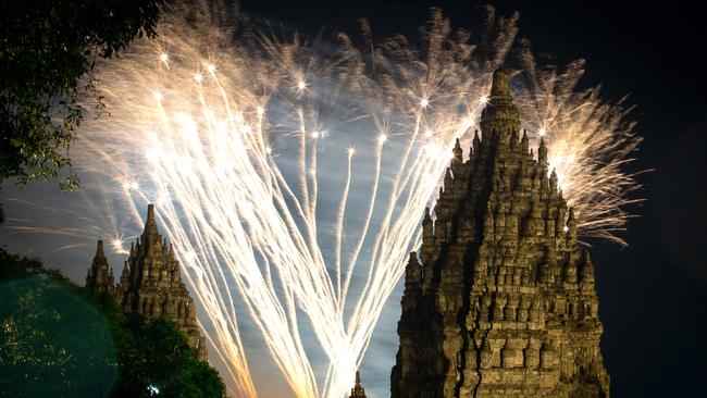 Fireworks light up above Prambanan Temple. Picture: AFP