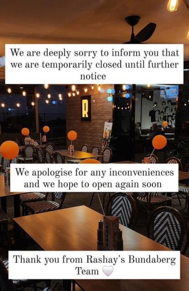 The Bundaberg outlet’s “temporary” closure was announced in a Facebook post, and in a sign on the door of the restaurant.