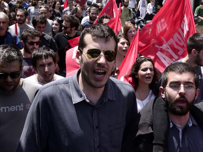 Anti-EU sentiment ... Leftist protesters march in central Athens after occupying the European parliament offices in Athens on Thursday. Picture: Louisa Gouliamaki/AFP