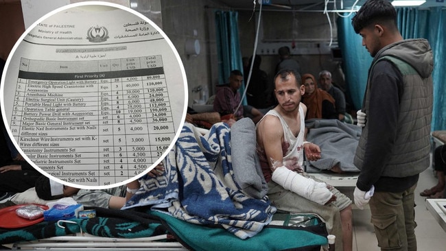 Injured Palestinians at a Gaza hospital, inset: the wishlist found at Melbourne's Royal Children's Hospital.