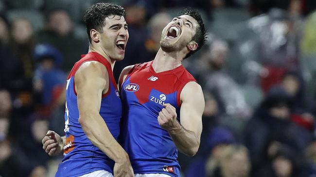 Christian Petracca and Alex Neal-Bullen celebrate a goal. Picture: Sarah Reed