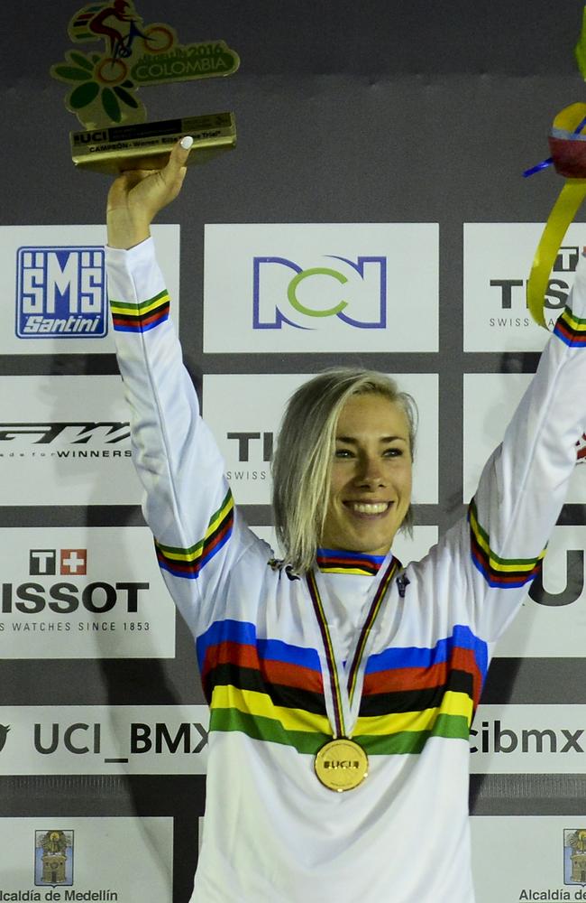 Caroline Buchanan of Australia celebrates after winning a gold medal.