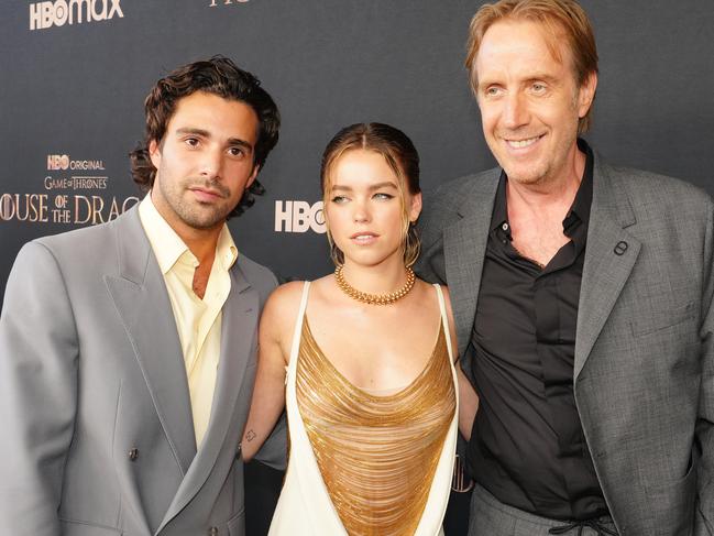 Big stars and new names ... Milly Alcock with House Of The Dragon co-stars Fabien Frankel (left) and Rhys Ifans at the show’s world premiere in Los Angeles. Photo by Jeff Kravitz/FilmMagic for HBO