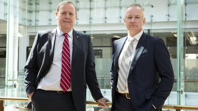 Nine outgoing CEO Hugh Marks, right, and chairman Peter Costello at the Nine AGM in Sydney last year. Picture: John Feder.