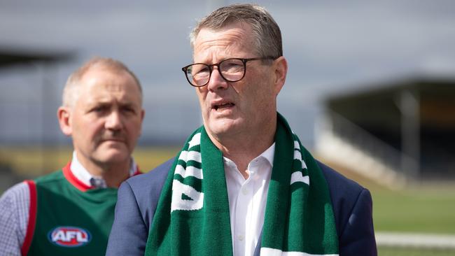 Chair if the Tasmania Football Club, Grant OÃBrien at the Twin Ovals in Kingston announcing that the Devils AFL high performance centre will be built in Kingston.Picture: Linda Higginson