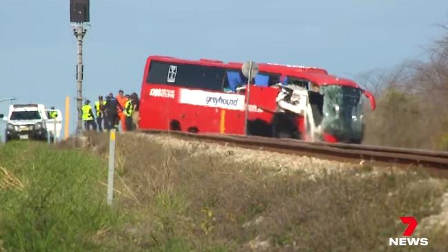 A tragic Greyhound bus and caravan crash on the Bruce Highway. Pic: 7News