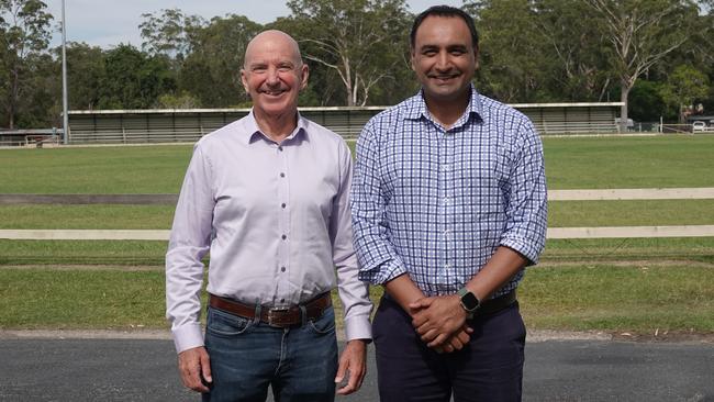 State election candidates for the seat of Coffs Harbour Labor's Tony Judge and The Nationals Gurmesh Singh were all smiles after this morning’s ballot draw. Picture: Chris Knight