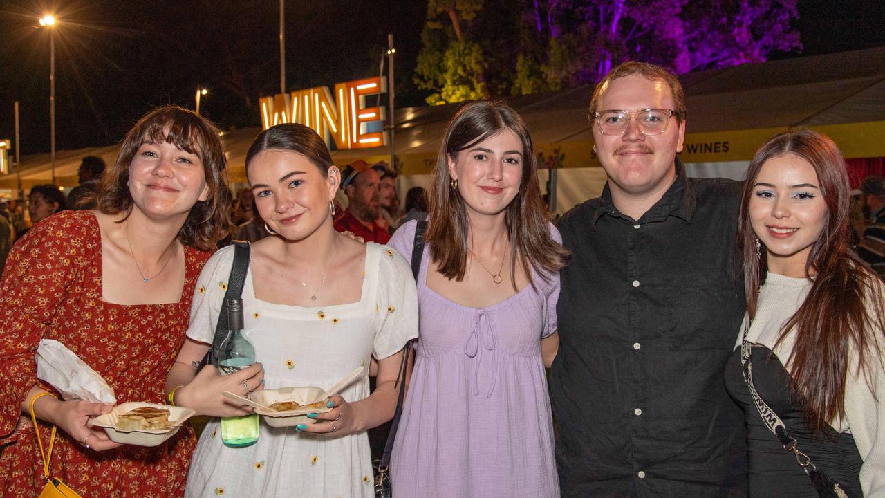 (From left) Abbi Glasgow, Chloe Glasgow, Mackenzie Shore, Nathan Dick and Marnie Alderman. Toowoomba Carnival of Flowers Festival of Food and Wine. Friday, September 13, 2024. Picture: Nev Madsen