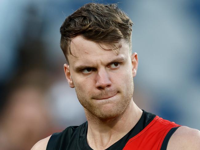 GEELONG, AUSTRALIA - MARCH 01: Jordan Ridley of the Bombers is seen after injuring his quad during the 2024 AFL AAMI Community Series match between the Geelong Cats and Essendon Bombers at GMHBA Stadium on March 01, 2024 in Geelong, Australia. (Photo by Michael Willson/AFL Photos via Getty Images)