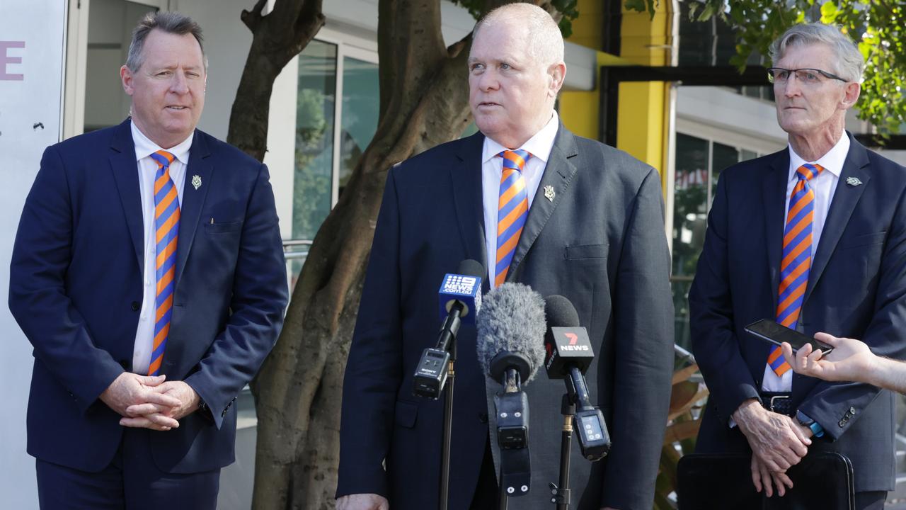 Brian Torpy, Steve Bullow and Shane Edwards of the Brisbane Firehawks talk to media after presenting their bid to be Brisbane's next expansion team in the NRL. Picture Lachie Millard