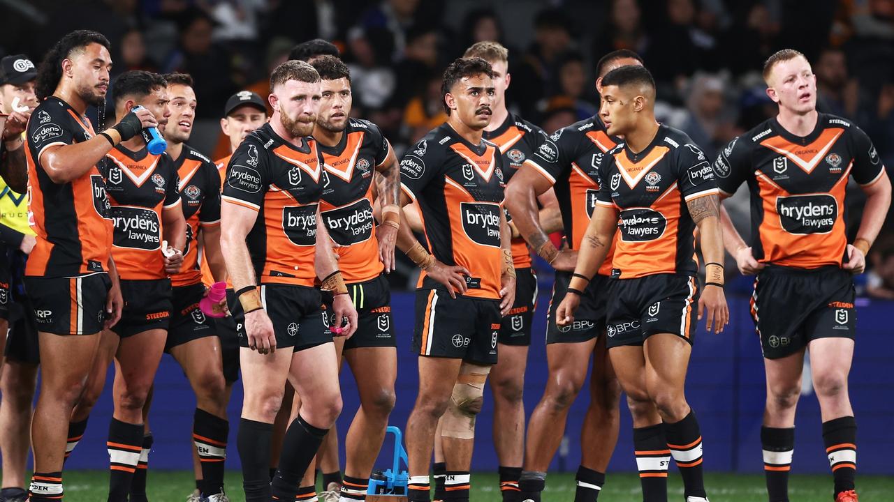 The Tigers look dejected as the come up short against the Bulldogs at the weekend.