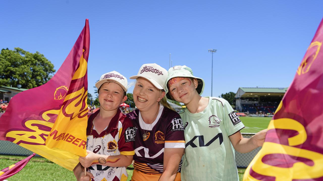 Kate Hensley with her kids Summer Erricker and Jaxon Boys at the NRL Pre-Season Challenge game between Broncos and Titans at Toowoomba Sports Ground, Sunday, February 16, 2025. Picture: Kevin Farmer