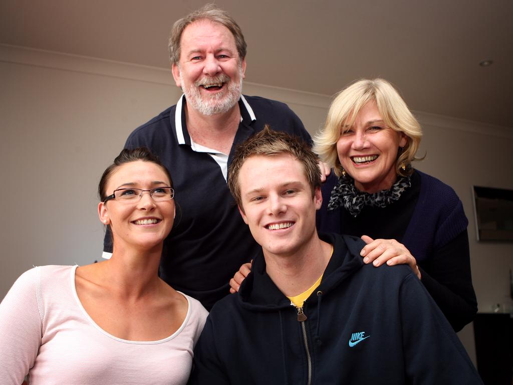 Basketballer Brad Newley with parents Janelle and Arthur and girlfriend Brigid Bowley watching the NBA draft at home in Adelaide.