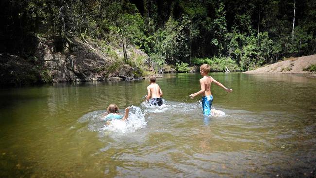 Lauren Le Clerk, Jack McNamara and Joel Le-Clerk enjoy the water hole at Cedar Grove Photo Craig Warhurst / The Gympie Times. Picture: Craig Warhurst