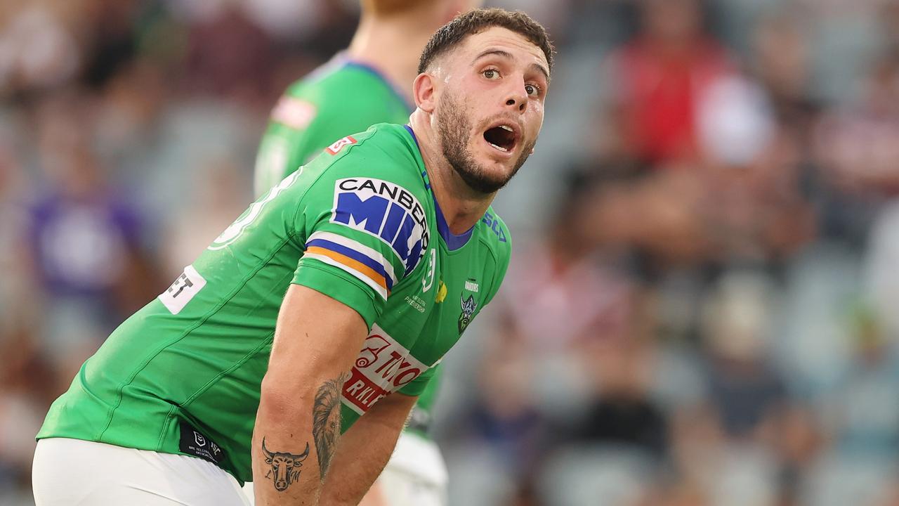 GOSFORD, AUSTRALIA - FEBRUARY 25: Adam Elliott of the Raiders looks on during the NRL Trial Match between the Manly Sea Eagles and the Canberra Raiders at Central Coast Stadium on February 25, 2022 in Gosford, Australia. (Photo by Ashley Feder/Getty Images)