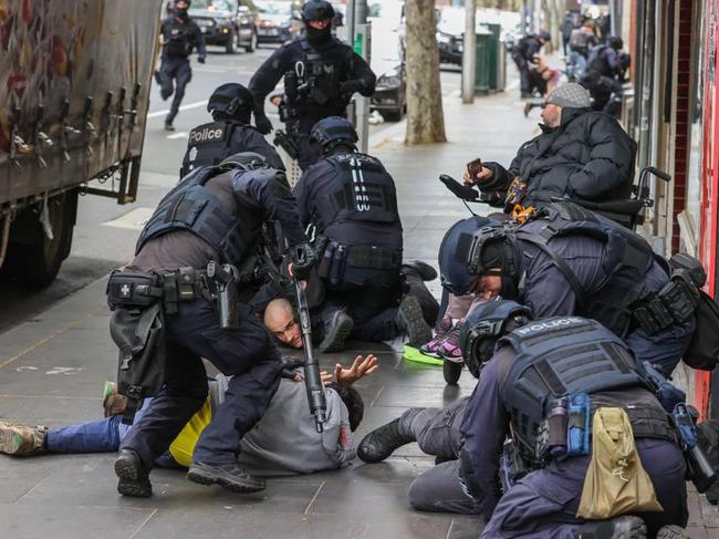 Police make arrests during the construction worker protest. Picture: Jason Edwards