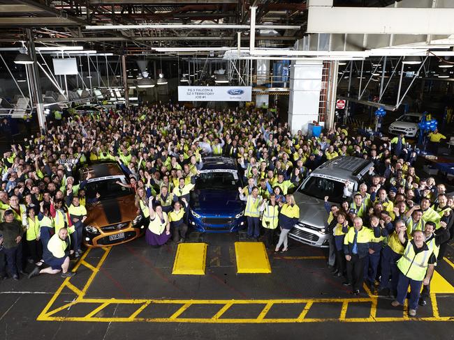 Emotional ... Ford workers at Broadmeadows send off the last ever Falcon GT (left) as the updated Falcon (centre) and Territory (right) go into production ahead of the October 2016 factory closure.