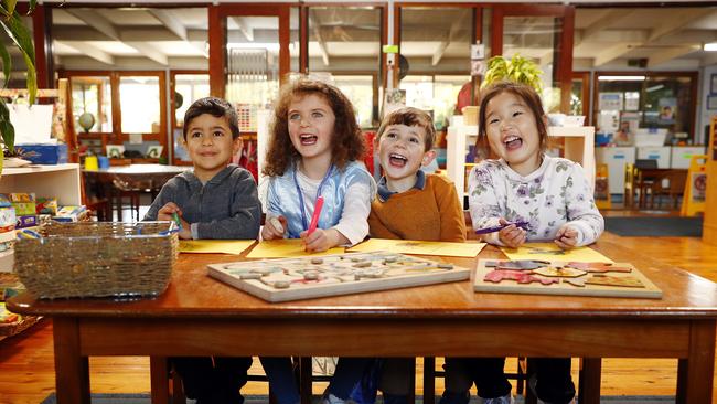 Luke Antoun, Rose Cassidy, William Hornsey and Stella Che at KU Burwood Preschool. Picture: Sam Ruttyn