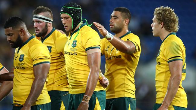 Adam Coleman and team mates during The Rugby Championship match between the Australian Wallabies and Argentina Pumas at Cbus Super Stadium on September 15.