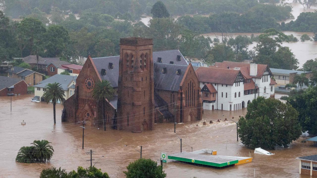 An aerial view of a flooded church and other buildings in the northern New South Wales city of Lismore from an Australian Army helicopter taking part in Operation Flood Assist 2022. Picture: AFP