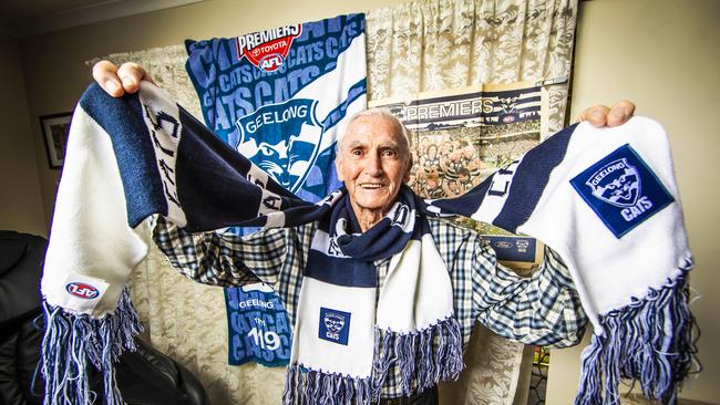 Cats fan Joseph Robinson s off to the AFL Grand Final at the Gabba. Picture: Nigel Hallett