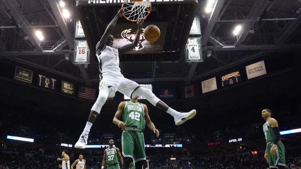 Milwaukee Bucks' Thon Maker dunks during the NBA Playoffs.
