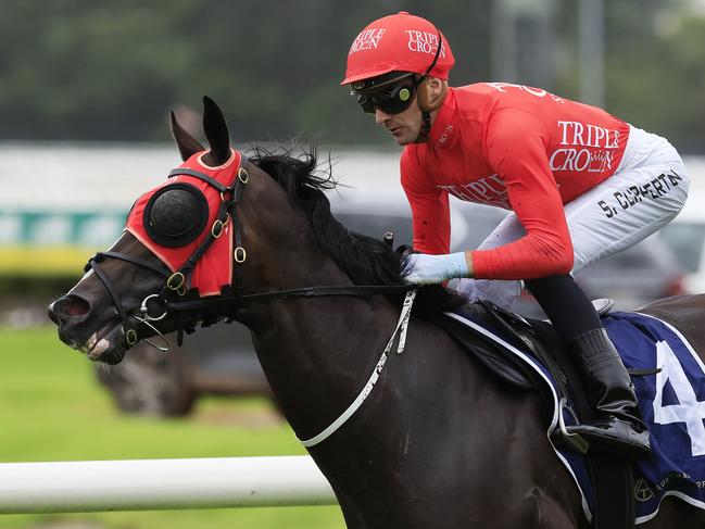 SYDNEY, AUSTRALIA - MARCH 19: Sam Clipperton on Mazu wins race 2 the Irresistible Pools Darby Munro Stakes during Sydney Racing Longines Golden Slipper Day, at Rosehill Gardens on March 19, 2022 in Sydney, Australia. (Photo by Mark Evans/Getty Images)