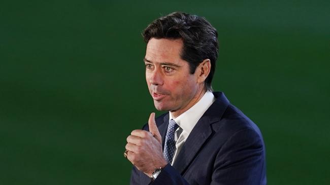 AFL chief executive Gillon McLachlan speaks at a press conference at Marvel Stadium in Melbourne on Friday. Picture: AAP