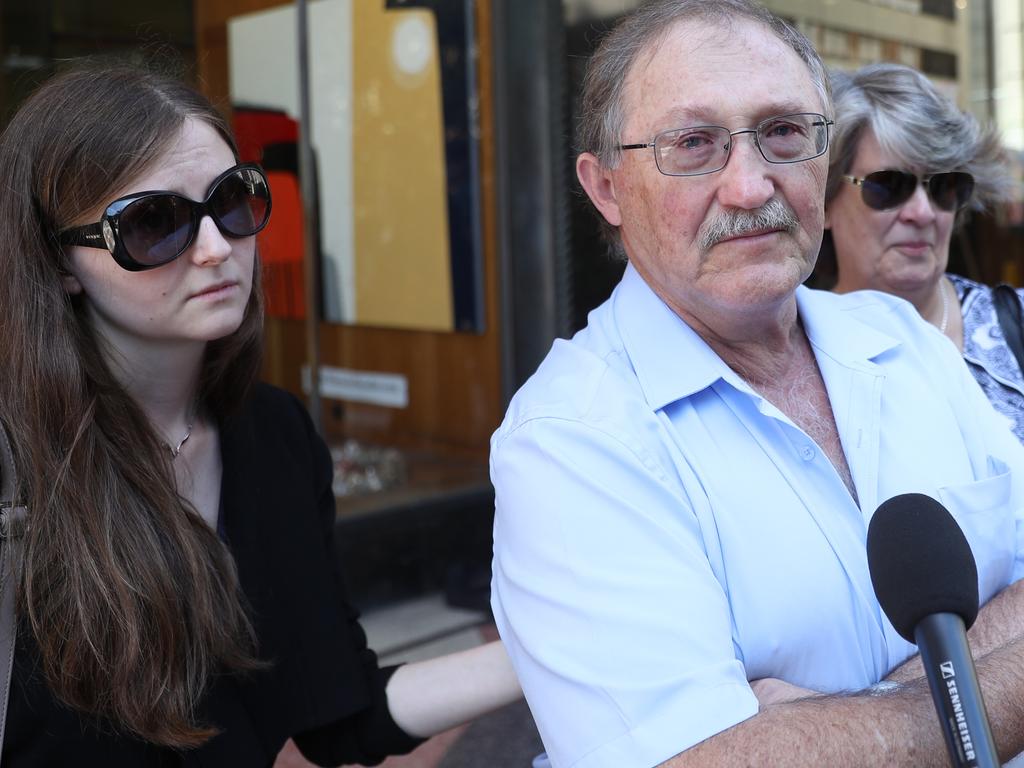 The family of Nicole Lewanski - dad Henry Lewanski, mum Norelle and twin sister Christina - speak outside court after Nealon was sentenced. Picture: John Grainger.