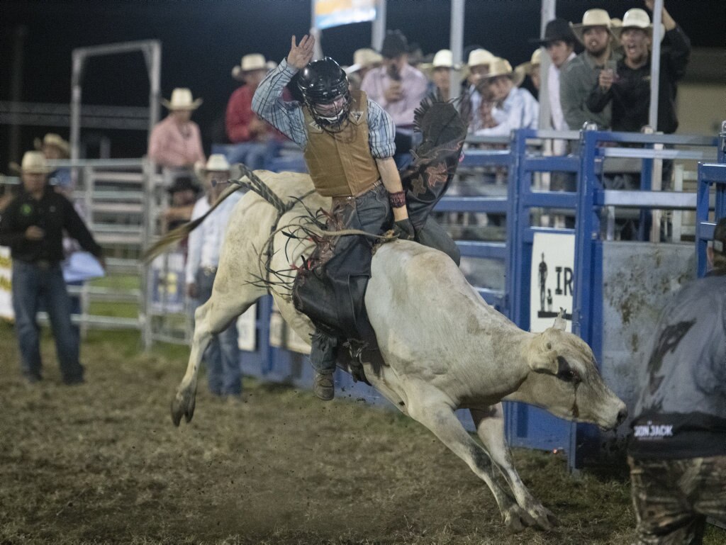 Matt Hollis concentrates in his junior bullride at the Lawrence Twilight Rodeo. Picture: Adam Hourigan