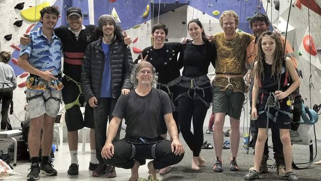 Adam Binns (middle front) with his close family friends and son, (left to right), Zac Gripske, Rob Clements, Felix Binns, Nicole Bray, Alysha Wreford, Ryan Gaskon, Andrew Moriarty, Emmett Clements. Picture: Supplied