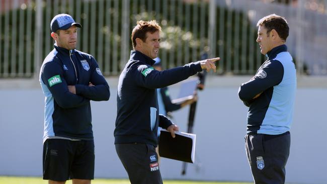 Brad Fittler, Andrew Johns and Danny Buderus during the NSW State of Origin training session at the NSWRL Centre of Excellence at Sydney Olympic Park. Picture: Jonathan Ng