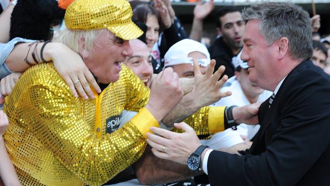 Joffa and then Collingwood president Eddie McGuire after the Pies’ 2010 Premiership win.