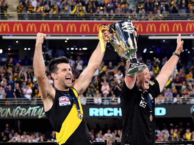 Richmond captain Trent Cotchin and coach Damien Hardwick celebrate the Tigers’ 2020 premiership. Picture: Bradley Kanaris/AFL Photos/via Getty Images