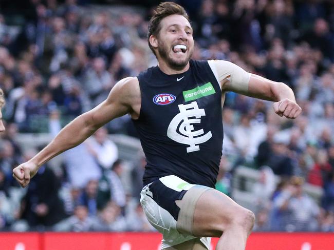 AFL :  Round 7 , Collingwood V Carlton at the M.C.G.  6th May, Melbourne Australia.  Carlton's Dale Thomas celebrates his goal in the fourth quarter  Picture : George Salpigtidis