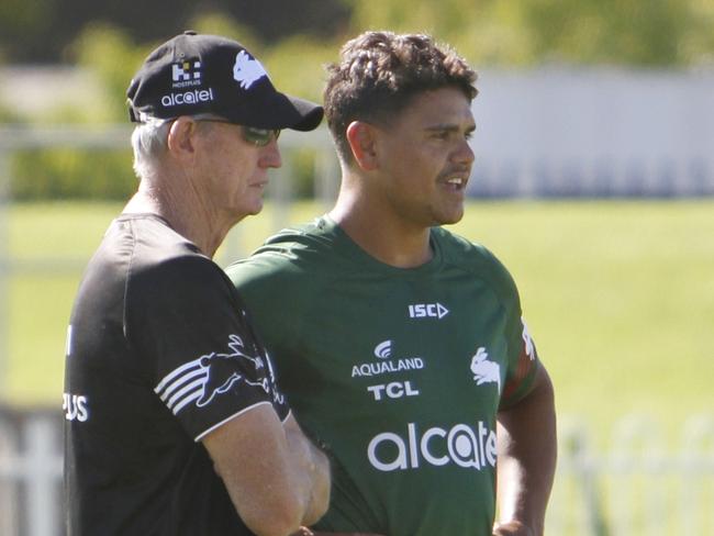 SUNDAY TELEGRAPH SPECIAL.  New South Sydney NRL signing Latrell Mitchell at a warm up session in Mudgee before the charity shield match. (L to R) Coach Wayne Bennett with Latrell Mitchell.