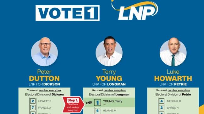 A 2025 how to vote card featuring Luke Howarth, Peter Dutton and Terry Young.