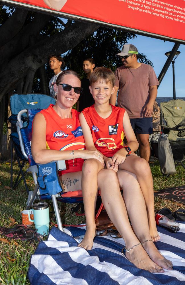 Sarah Cosway and Noah Sues at the Gold Coast Suns v Hawthorn AFL match at TIO Stadium. Picture: Pema Tamang Pakhrin