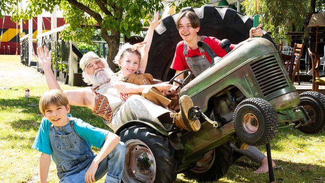 Jules Casaubon, 9, Alain, 78, and Mafalda Carabinier, 6, and Arthur Casaubon, 12, from Cirque Alfonse, presenting the show Animal at Garden of Unearthly Delights. Picture: The Advertiser/ Morgan Sette