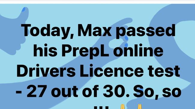 GingerCloud modified rugby program social medal notification of another milestone in the life of Max Elliott who passed his online drivers test.